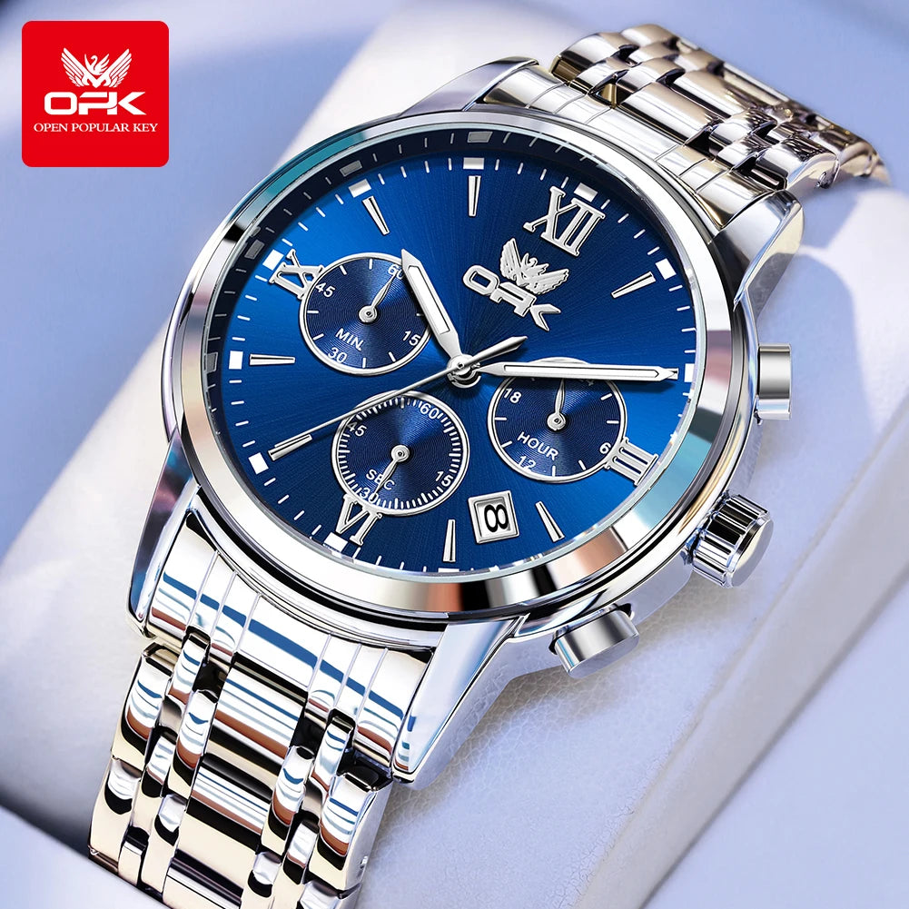 OPK Trendy classic three eye dial men's quartz watch waterproof genuine luminous men's watch for man chronograph date wristwatch