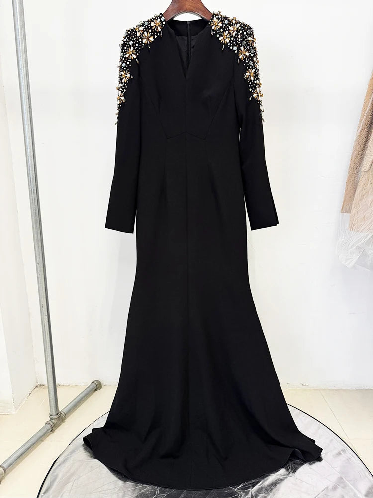 HIGH STREET Newest Fashion  Designer Party Vestido Women's Diamonds Beaded Split Long Maxi Dress