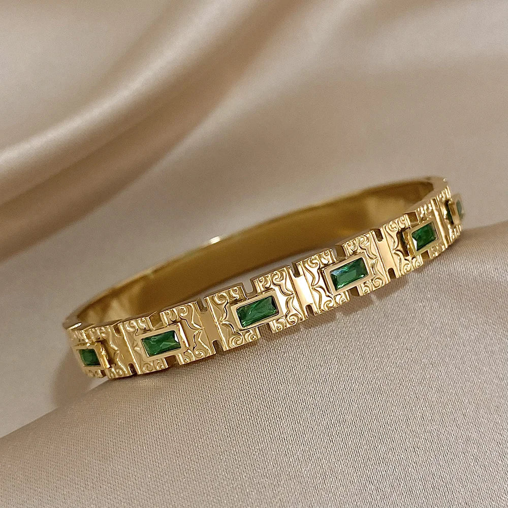 Vintage Palace Geometric Stainless Steel Bangle Bracelet for Women Inlaid Square Green Zircon Cuff Bracelets Jewelry Gifts