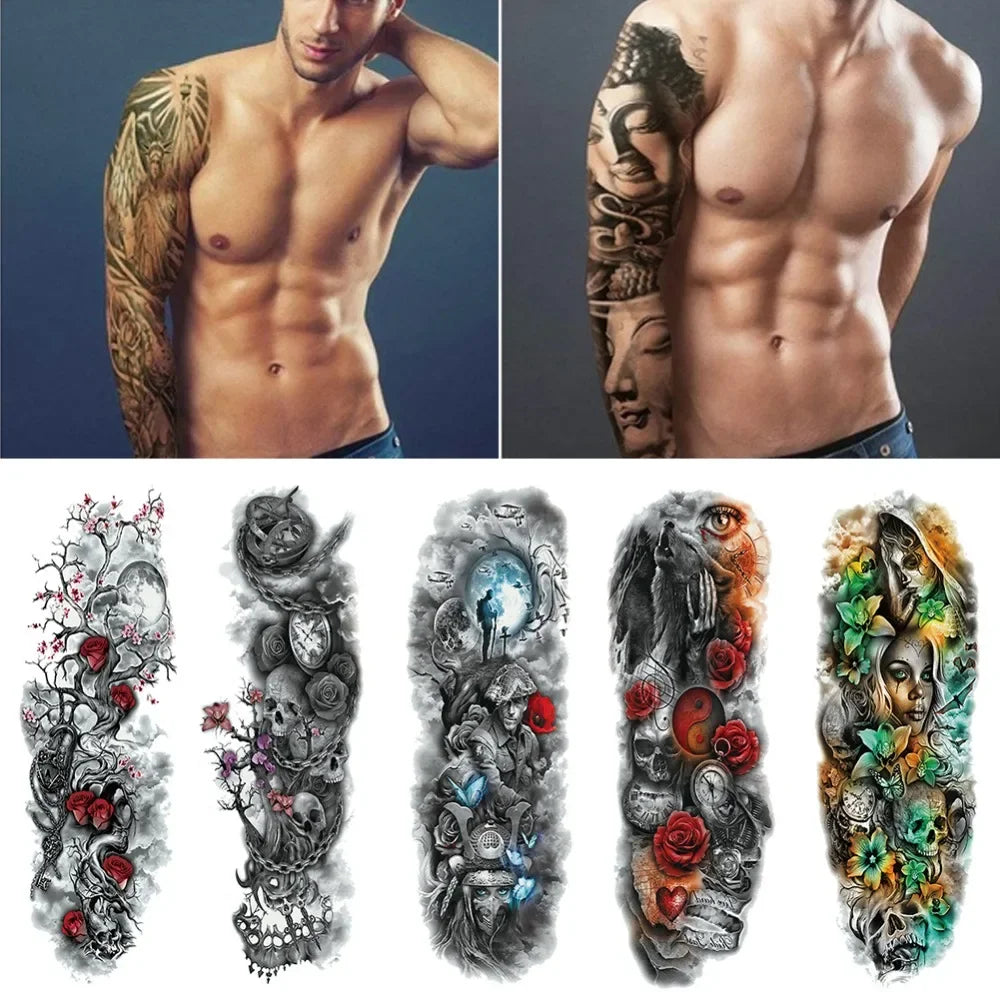 Waterproof Temporary Tattoo Sticker Full Arm Large Skull Old School Tatoo Stickers Flash Fake Tattoos for Men Women