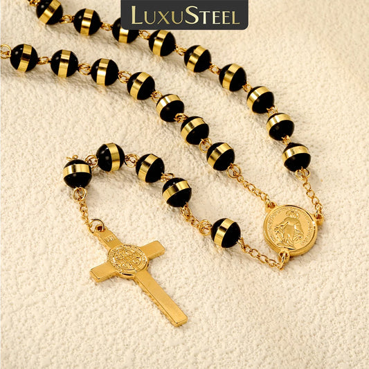 LUXUSTEEL Stainless Steel Long Necklace Virgin Mary Cross Pendant with 35cm+15cm Extender Bead Chain Jewelry