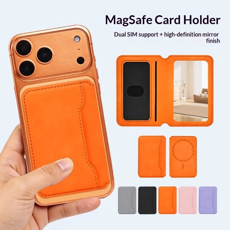 Thin Leather Wallet Magnetic Cellphone Card Holder For IPhone 16 15 14 13 18 17 Pro Max For Magsafe Bring Your Own Makeup Mirror