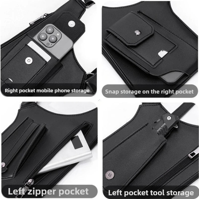 Luxury Design Men's Tactical Vest Bag High Quality PU Leather Man Chest Bag Phone Pouch Vintage Design Underarm Back Pack Bags