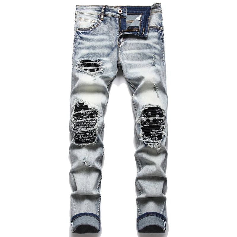 Herren Gebrochene blaue Plissee-Patch-Biker-Jeans Streetwear Löcher Zerrissene Distressed Patchwork Stretch-Jeans Schlanke Röhrenhose