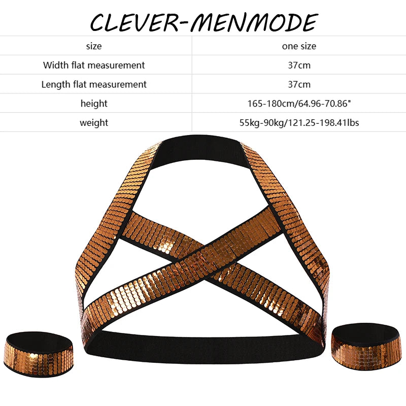 With 2 Arm Bands Men's Golden Shiny Harness Men Bondage for Nightclub Halter Neck Elastic Straps Lingerie Body Chest Harness