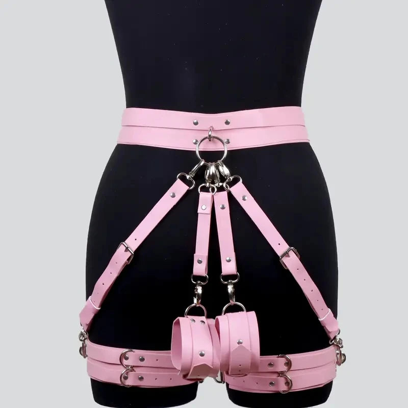 Gothic Harness Belt Handcuffs Accessories Ladies PU Leather Body Garter Belt  Women's Leather Leg Harness Strap Lingerie Pant