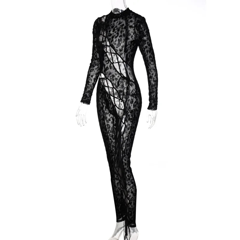 Skinny Hollow Out Cross Bandage Patchwork Jumpsuits Women Leopard Print Retro Fashion Sexy Cleavage Bodycon Party Clubwear Hot