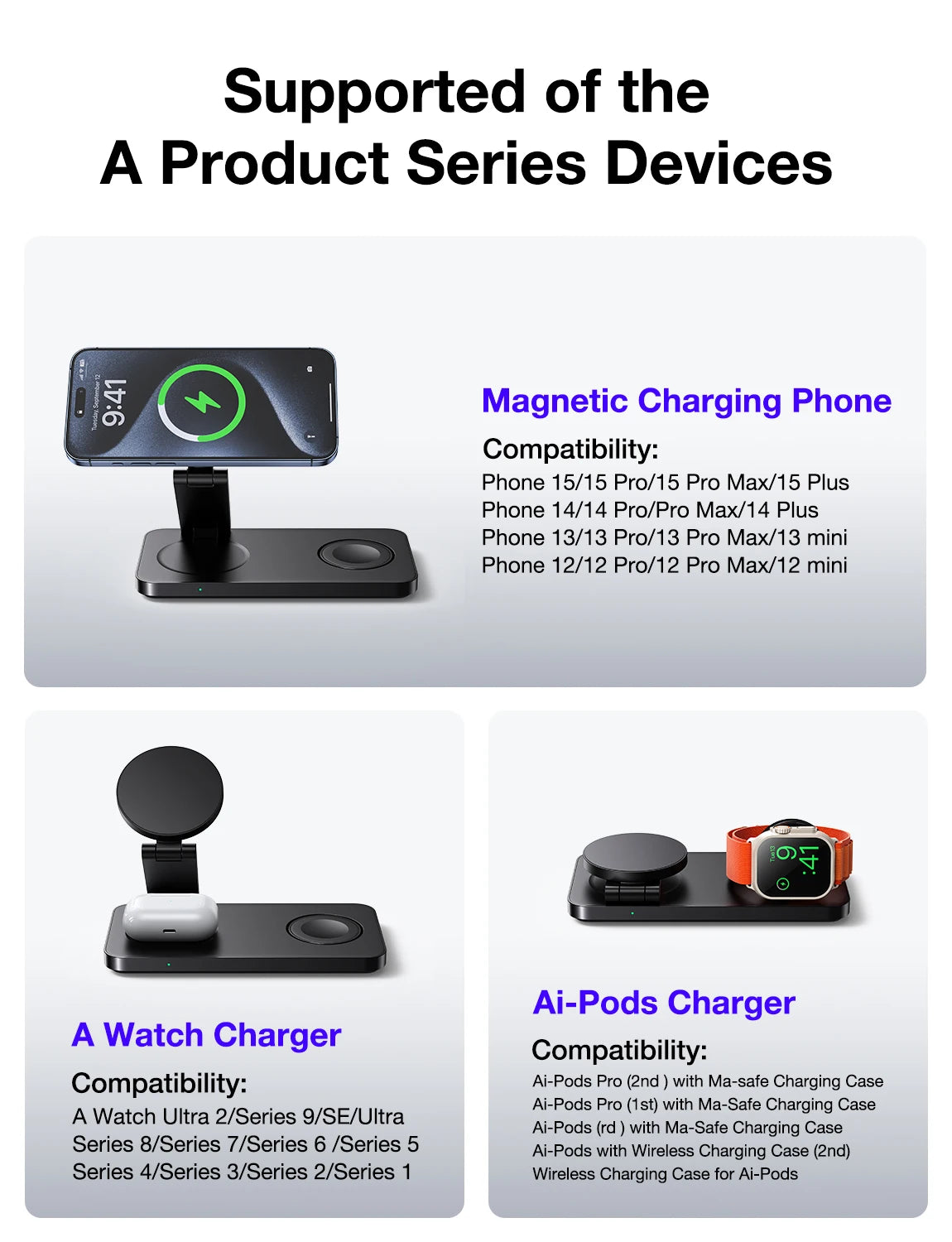 Magnetic 3 in 1 Fast Wireless Charger Stand Foldable Charging Station For iPhone 16 15 14 13 12 Apple Watch 9 8 7 6 Airpods Pro