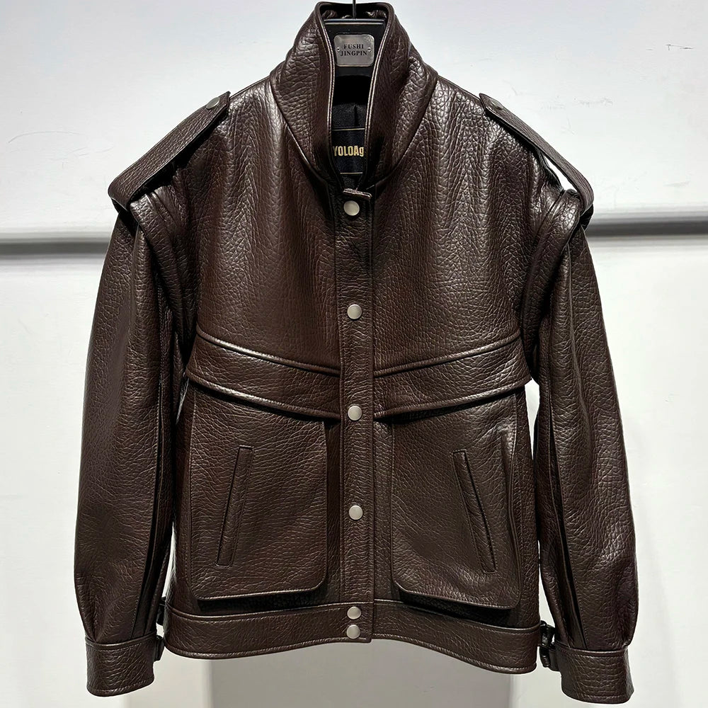YOLOAgain 2024 Spring Vintage Real Leather Jacket Women High Quality Oversized Biker Jacket Ladies