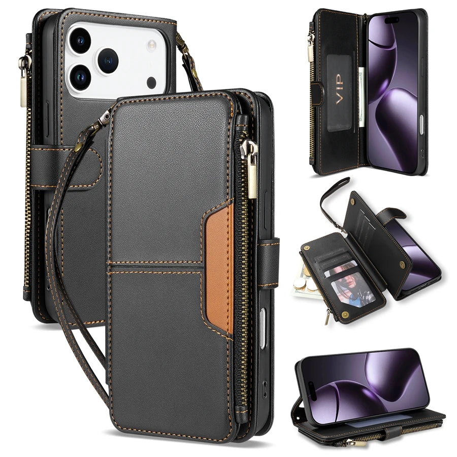 Wallet Multi-card Slot Zipper Kickstand Magnetic Flip Leather Case For iPhone 17 Pro Max 17e Air 16e 15 Plus 14 13 12 11 XR 8 7