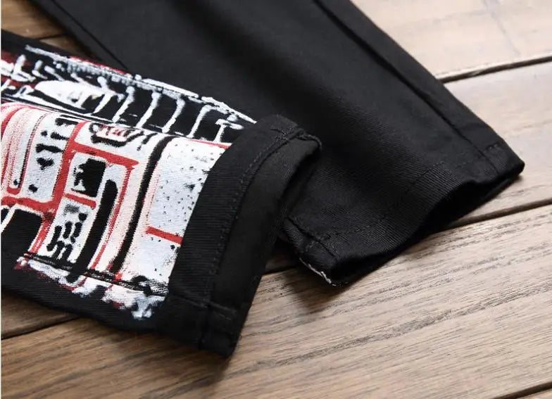 High Street Fashion Herren Jeans Nachtclub Schwarz Weiß Farbe Persönliche Designer Bedruckte Jeans Männer Punk Hosen Dünne Hip Hop Jeans