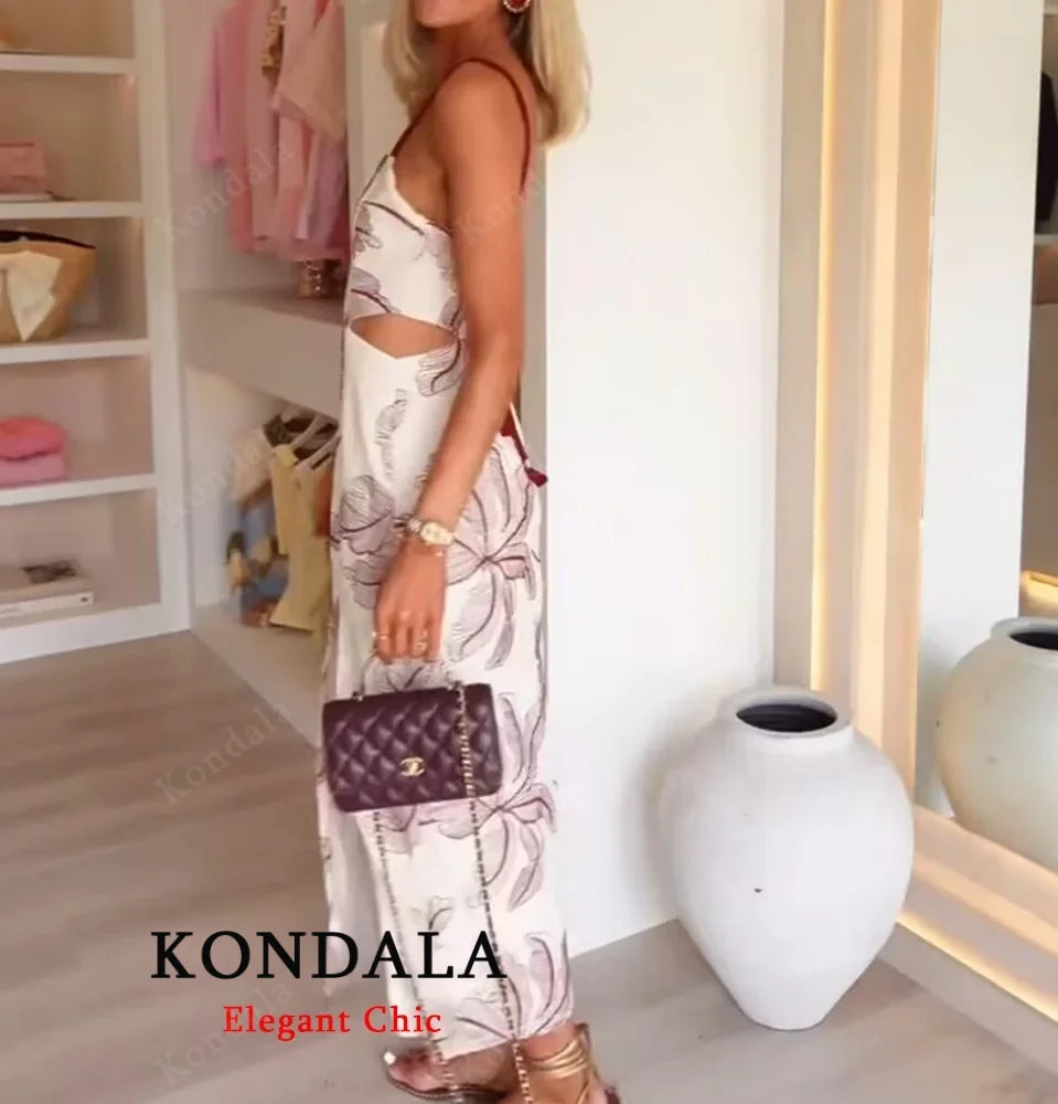 KONDALA Fall Women Elegant Embroidered Cami Dress Slim Waist Hollow-out Midi Dress 2025 Summer Autumn Fashion Holiday Sexy Dress