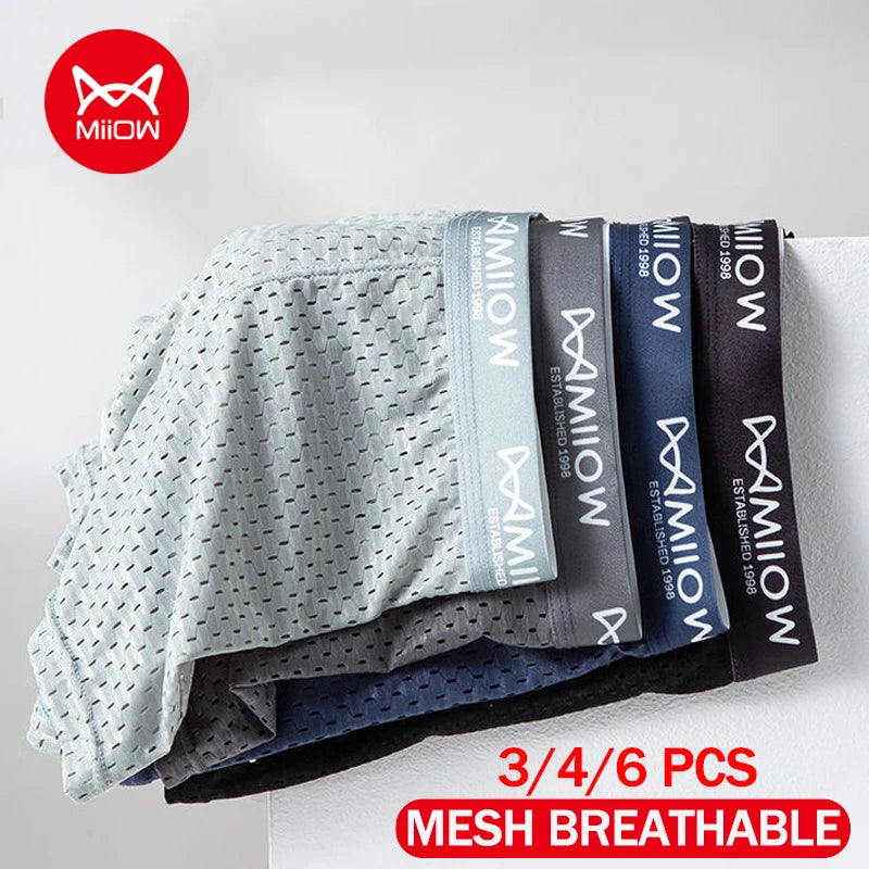 MiiOW 3/4/6Pcs Mesh Breathable Men Boxer Briefs Ice Silk Underwear Graphene Antibacterial Men Panties Underpants Man Boxershorts