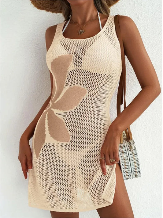 Sexy Women Knit Beach Dress Hollow-Out O-Neck Sleeveless Bikini Cover-Ups Dress Holiday Dress  Summer Swimwear Beach