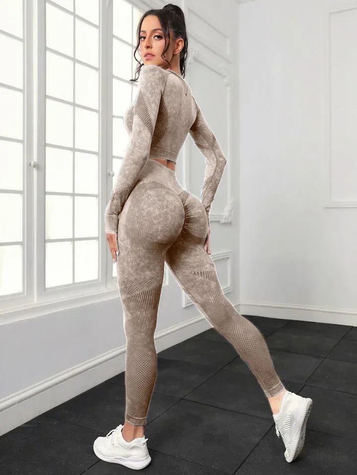 Mileegirl 2pcs Gym Sets Women Seamless Sports Pants Hollow Out Long sleeves Top Fitness Winter Fall Workout Legging Warm Outifts