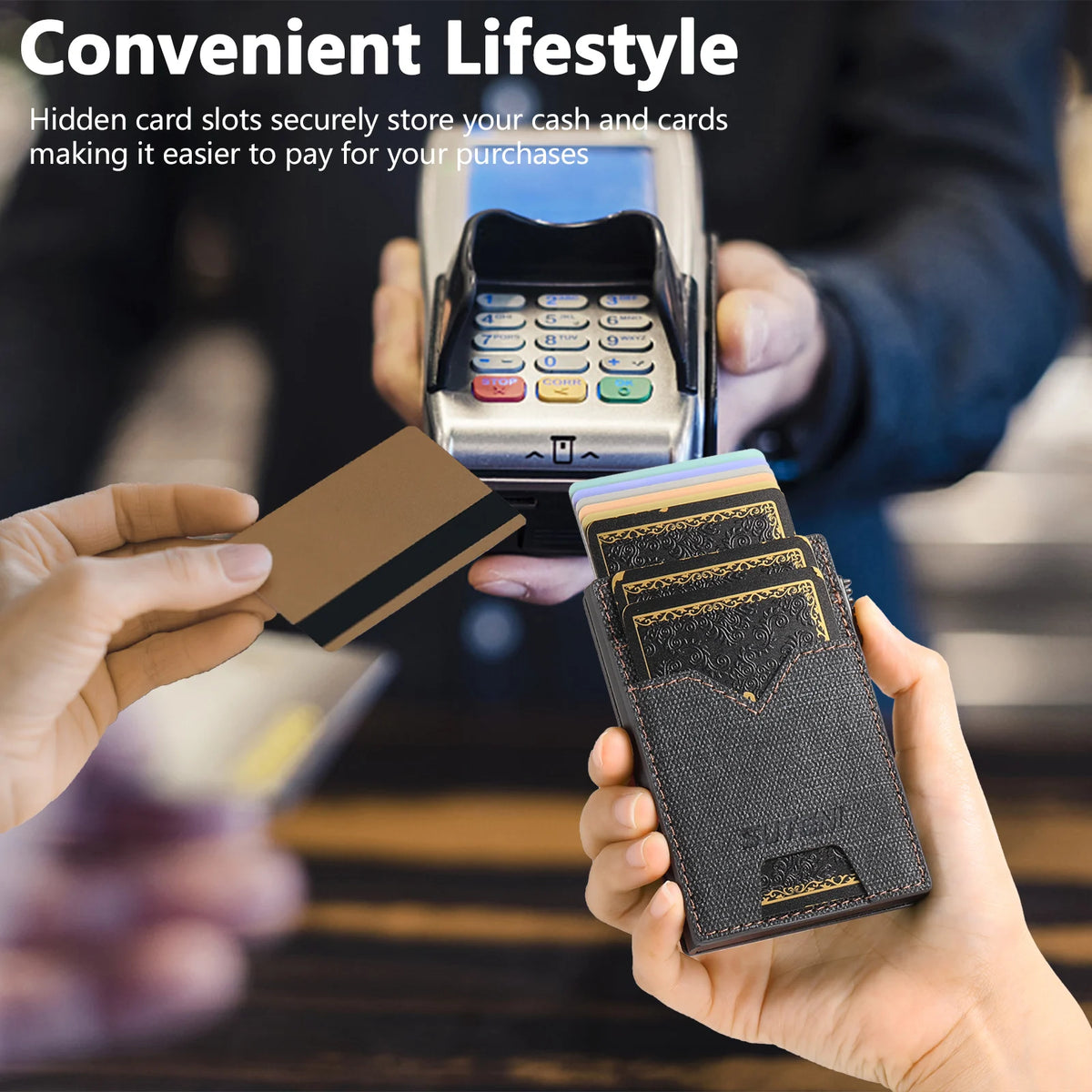 SUTENI Faux Leather Card Slot Wallet Flip Cover Unisex Card Box Pressing The Button Automatically Ejects The Card
