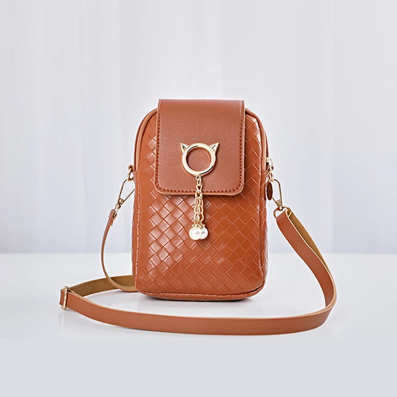 1PC Mini Cross-body Mobile Phone Shoulder Bag Women Fashion Woven Pearl Tassel Cover-style Female PU Leather Small Purse Clutch