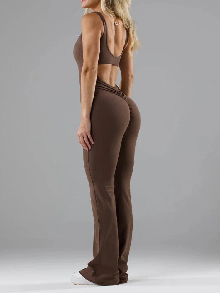 Women's Fitness Flared Bodysuit Sexy Backless Fitness Tight Waistband Hipless Yoga Bodysuit V Back Waistband Hip Lift