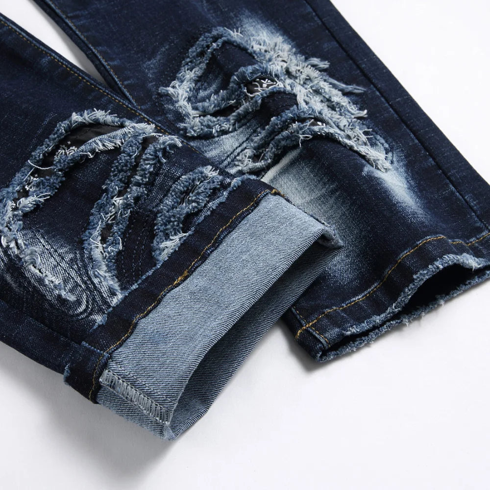 Men Patchwork Denim Jeans Holes Ripped Distressed Dark Blue Stretch Pants Casual Fringe Slim Straight Trousers