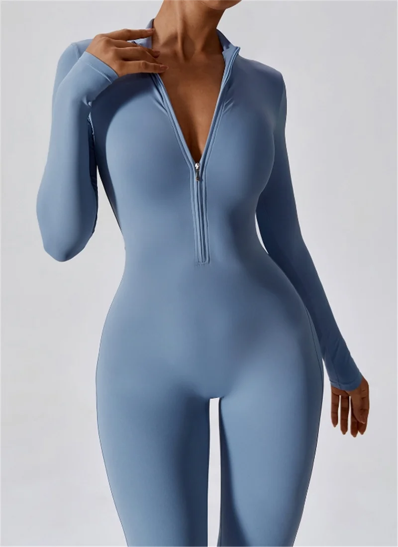 Half zip integrated long yoga jumpsuit solid color sexy long sleeved integrated sportswear for women