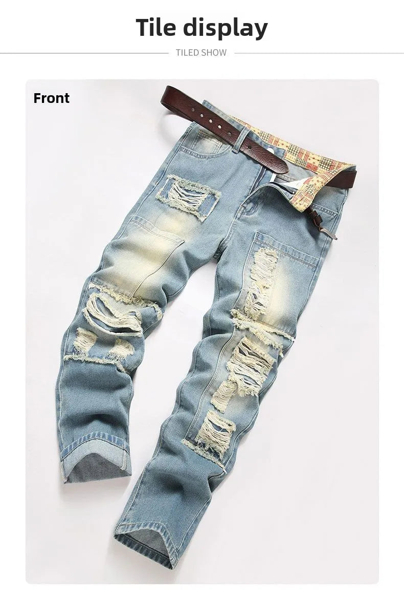 Autumn Men's New Light Blue Slim Fit Jeans Men's Ripped Loose Jeans Elastic Hole Versatile High Street Denim Pants Retro Washed
