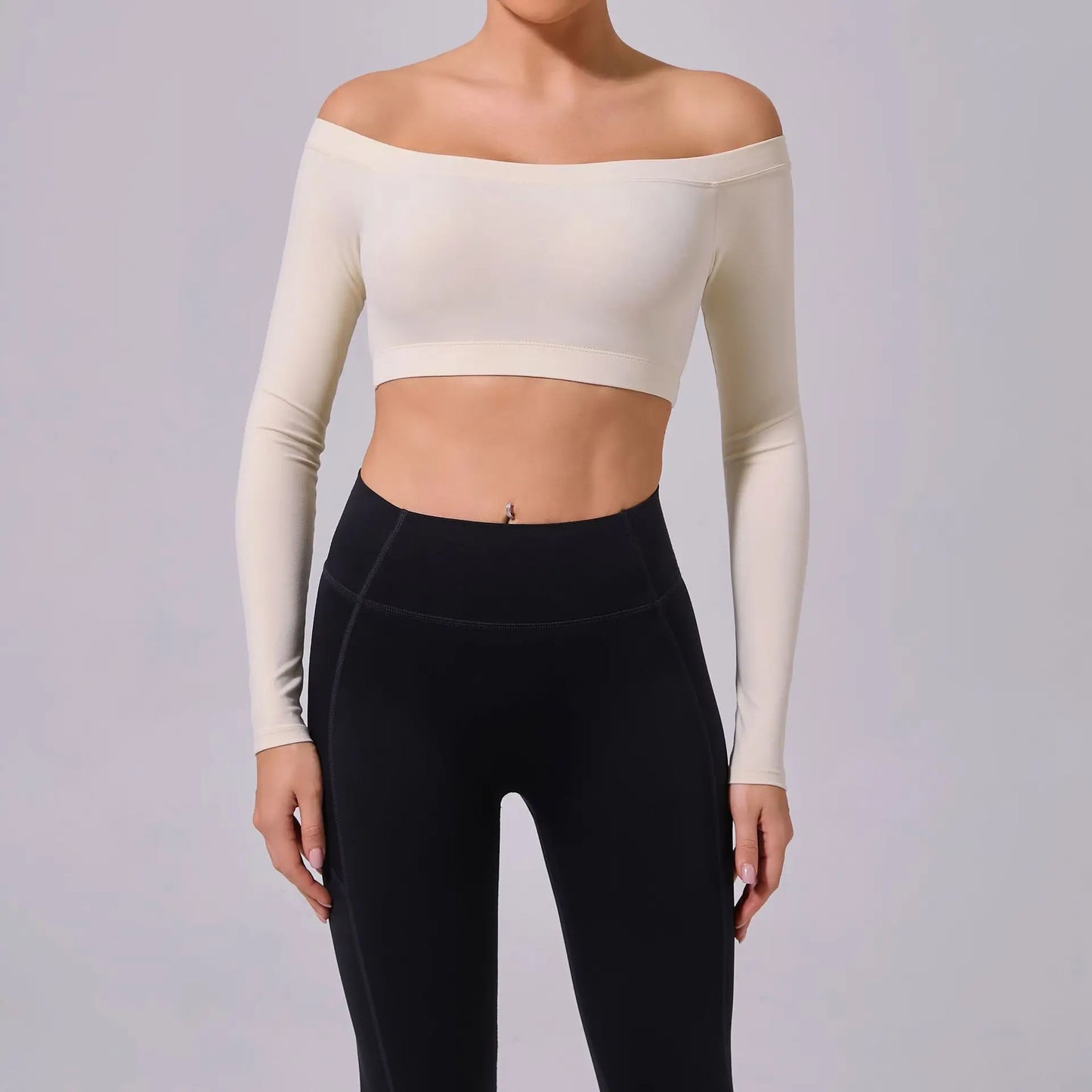 One shoulder T-shirt, long sleeved yoga suit, women's sandblasted tight fitting fitness suit, paired with a sports running top