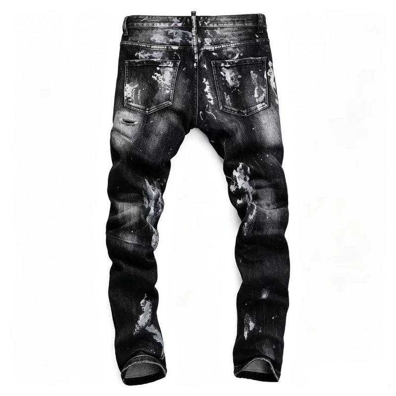 Men's Black Paint Splatter Distressed Jeans  High Stretch Ripped Slim Fit Streetwear Denim Pants Punk Graffiti Style Trousers