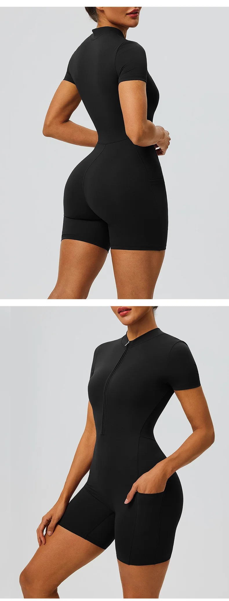 Women's zipper short sleeved yoga jumpsuit with functional pockets for hip lifting and tight fitting sports jumpsuit shorts