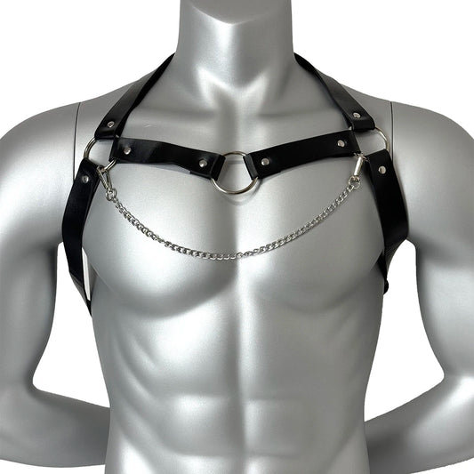 PU Leather Chest Harness with Chain for Men,Abjustable Punk Leather Cage Chest Harness,Festival Rave Outfit Chest Belt Accessory