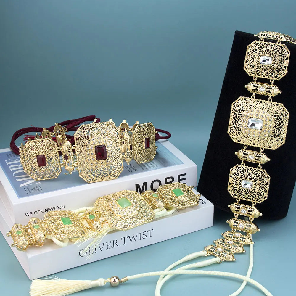 Sunspicems Gold Color Moroccan Caftan Belt Arabic Hand Rope Waist Chain Adjustable Length Women Belt Tassel Metal Body Jewelry