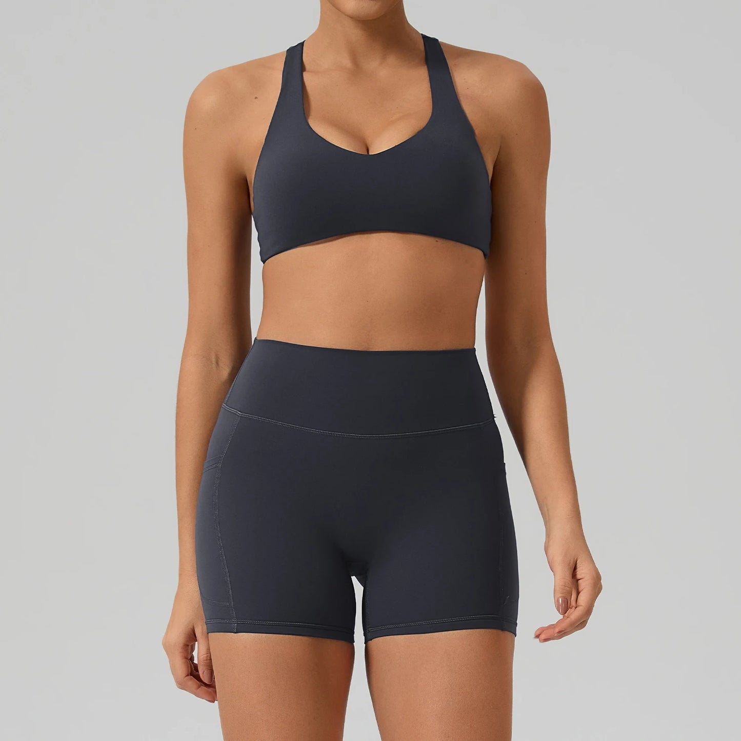 Hearuisavy Fitness Set 2Pcs Women Gym Sports Bra Running Sports Shorts With Pockets High Impact Breathable Racerback Yoga Tops