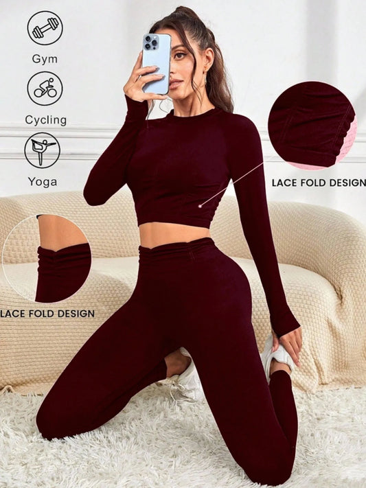 Fitness Gym Clothes Seamless Elastic Sportsuit Workout Outfit Comfort Seamless Crop Top Yoga Set Yoga Sport Lace Fold Set Women