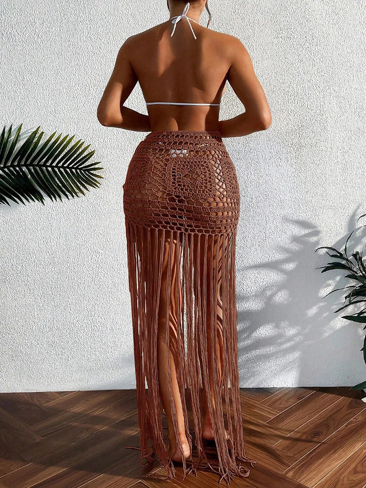 Crochet Tassel Bikini Cover Up Dress Beach Wear Women Tie Up Bather Bathing Suit Tassel Long Skirt Swimsuit Cover Up Beach Dress