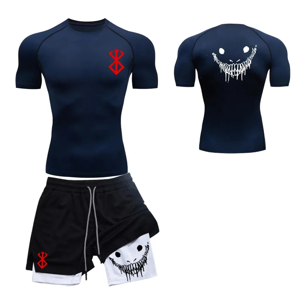 Men's fashionable casual fitness set, gym quick drying sportswear, shorts+shirt, 2-piece set, running, training, summer