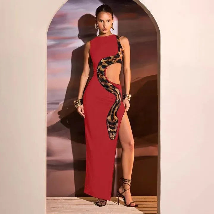 European And American Traditional Wear Dress Women's Long Black Maxi Dress Side Slit Cutout Waist Snake Print Hollow Out Round