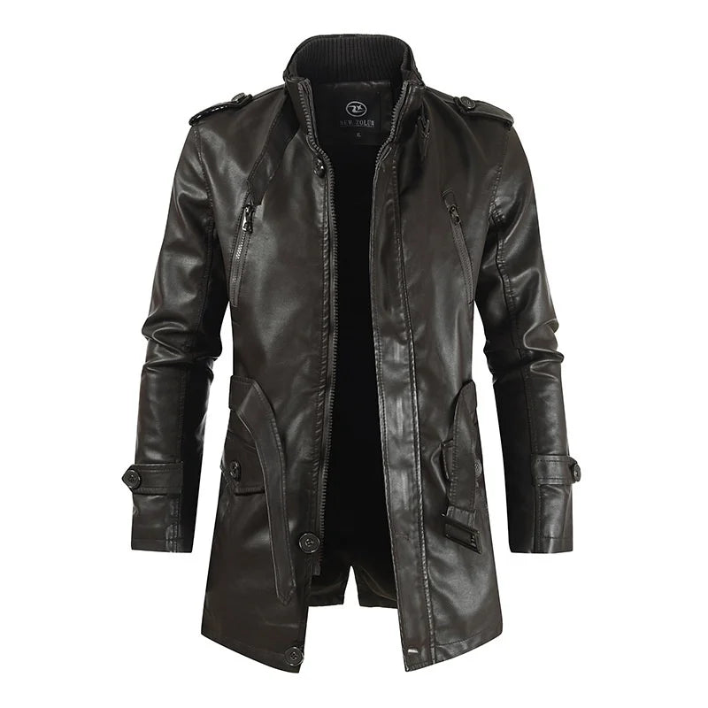 Men's Genuine Leather Jacket Winter Warm Thick Plush Lining Long Coat with Stand Collar Fashion Outerwear