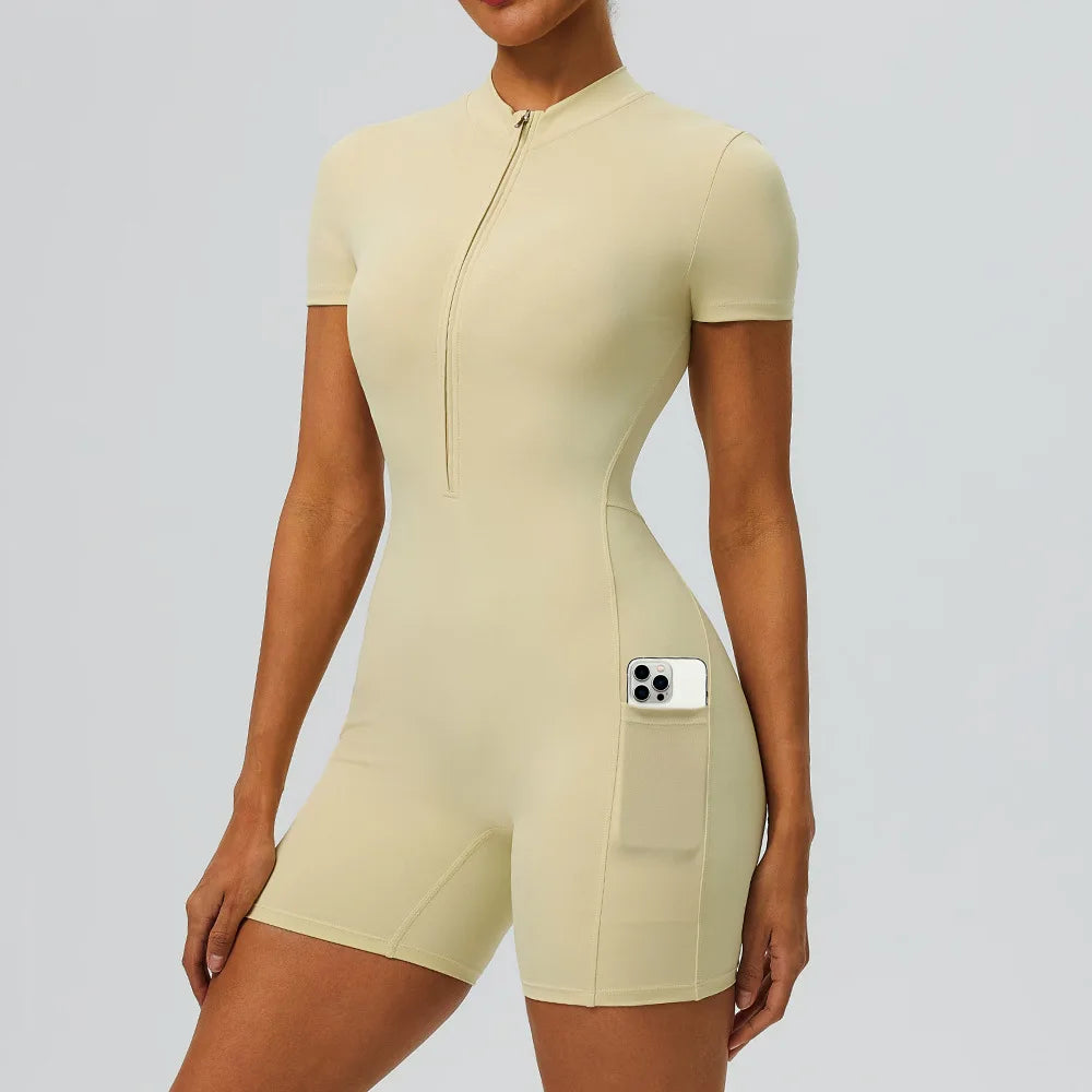 Women's zipper short sleeved yoga jumpsuit with functional pockets for hip lifting and tight fitting sports jumpsuit shorts
