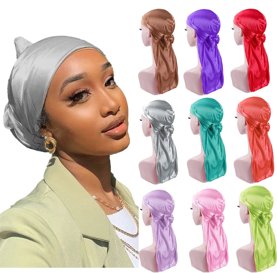 2024 Neue Satin Durag Turban Motorhaube Perücken Durag Biker Headwrap Piratenhut Kappe für Männer Haarschmuck Lange Schwanzriemen Bandanas