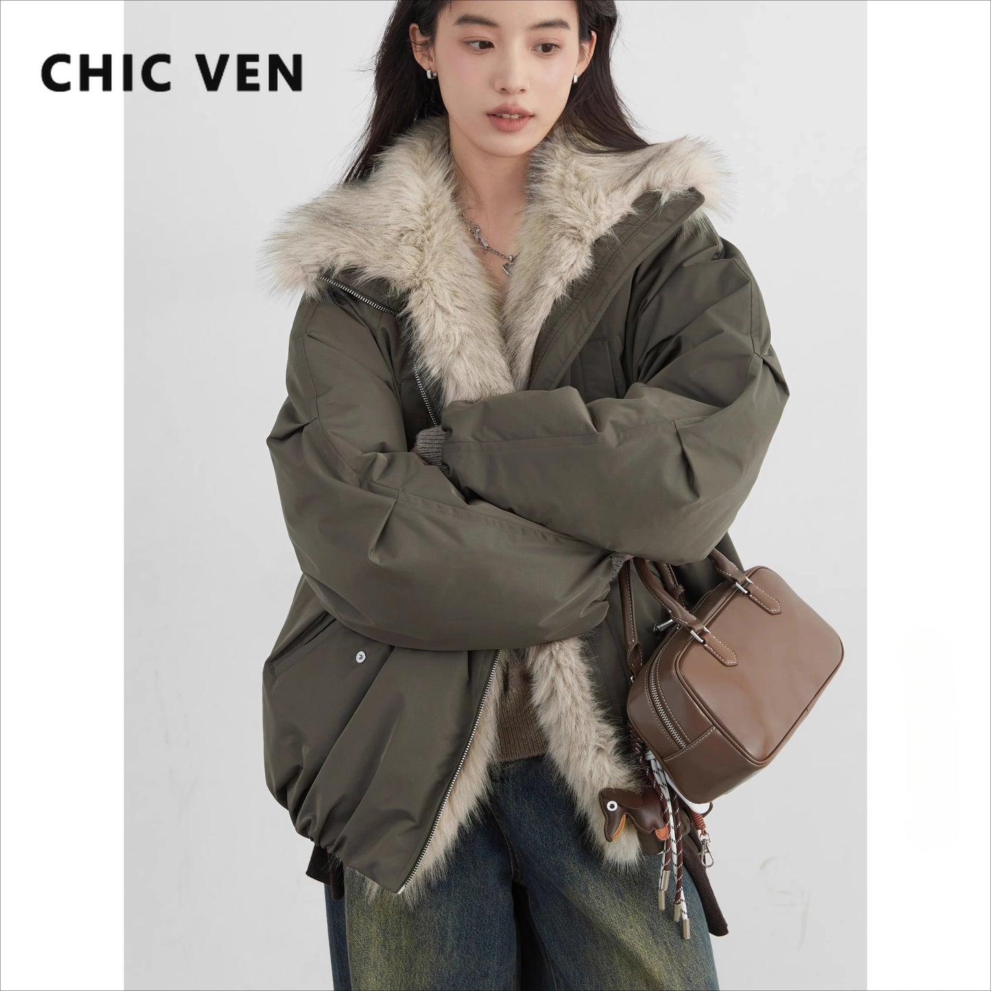 CHIC VEN Korean Women Down Coats Faux Fur Collar Loose Casual Hooded 90 White Duck Down Female Down Jacket Autumn Winter