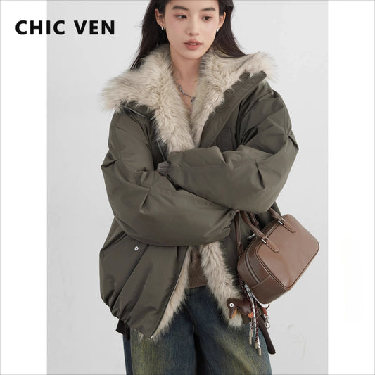 CHIC VEN Korean Women Down Coats Faux Fur Collar Loose Casual Hooded 90 White Duck Down Female Down Jacket Autumn Winter