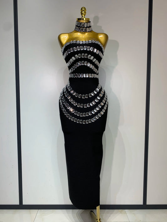 Women Sexy Backless Strapless Black Beading Long Bandage Bodycon Dress 2025 Celebrity  Elegant Evening Luxury Birthday Dresses