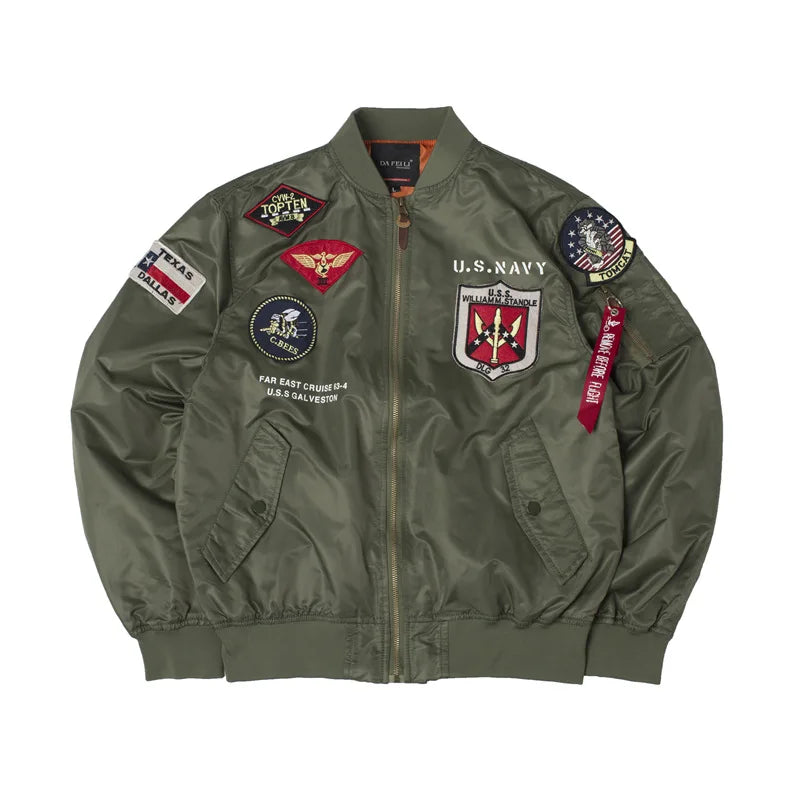 High Quality Military Fashion Casual Boy Youth Lightweight Top Gun Patch Embriodey Streetwear Ma1 Satin Flight Bomber Jacket Men