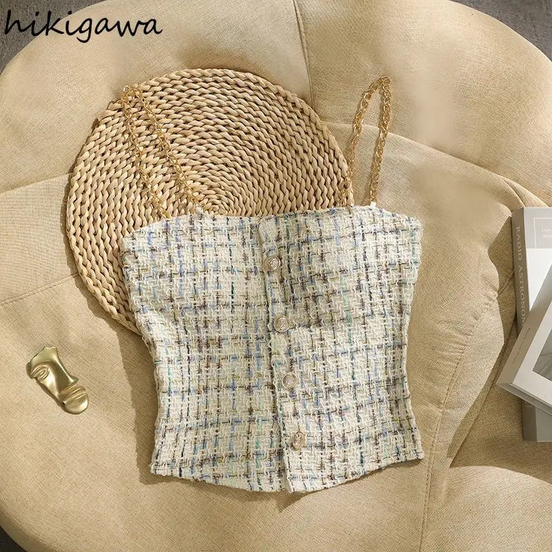 Ropa Mujer Summer Tanks for Women's Sweet Plaid Tunic Sleeveless Camis Crop Tops Chic Chian Backless Single Breasted Vest