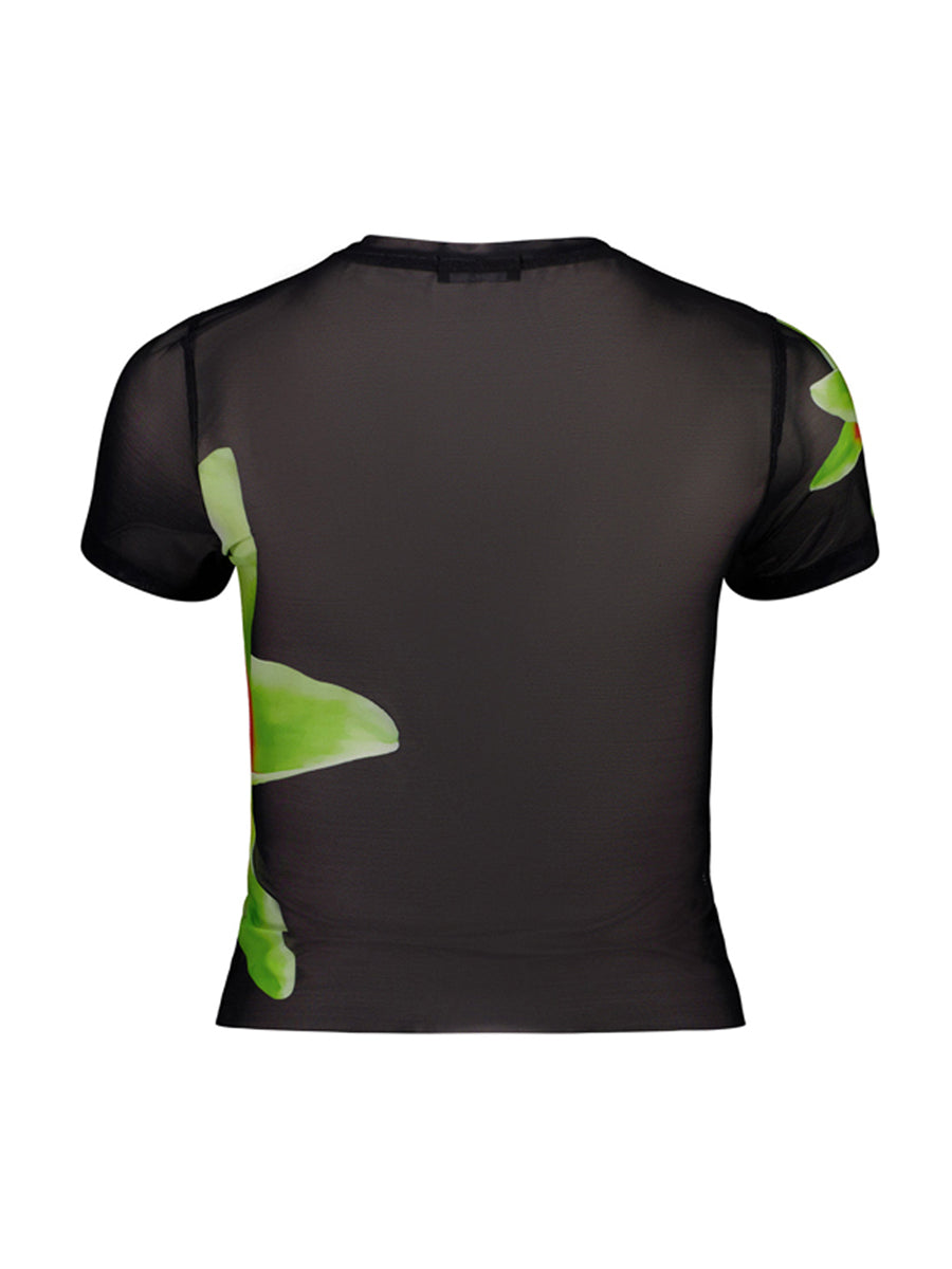 Damen Y2K 2-teiliges Traf-Sommer-Outfit-Set mit Blumendruck, durchsichtiges Netz, kurzärmeliges T-Shirt und Minirock, Streetwear