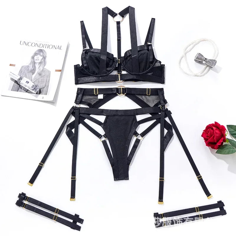 Toucheart Strap Cross Sexy Lingerie Body Shaping Separates Set Women Solid Color Sexy Hollow Out Underwear Metal Sheet Bra Set