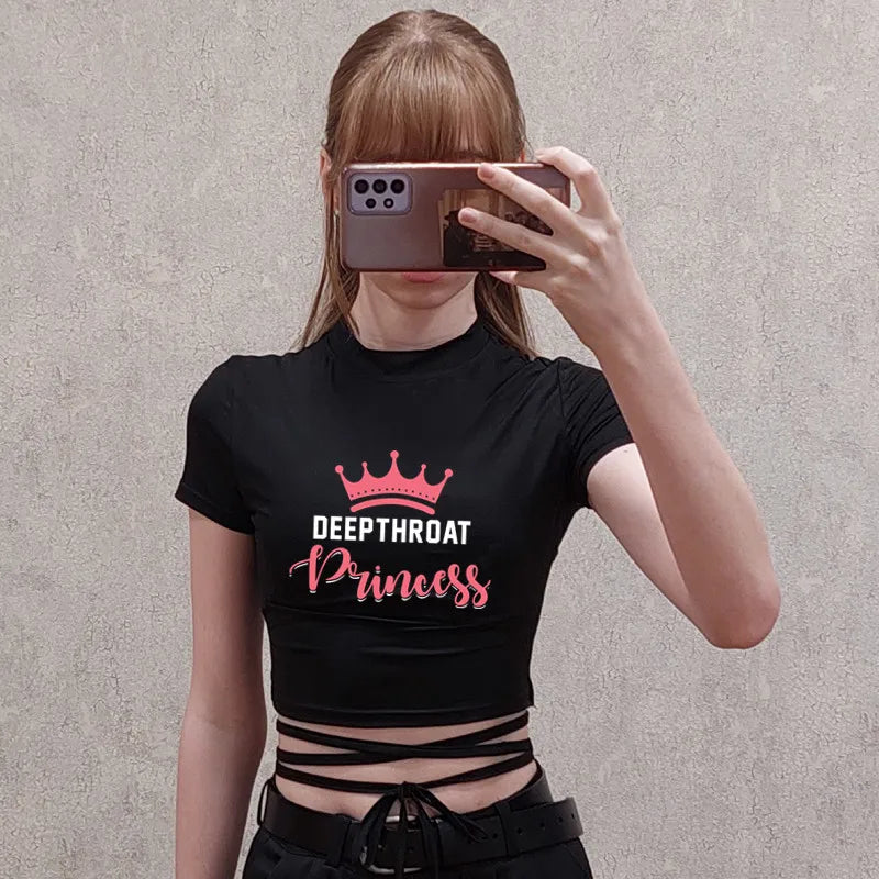 Deepthroat Princess Women Crop Top Black Short Bandage Tee Tops Girls Sexy TShirt Harajuku High Elasticity Tight Short Sleeves