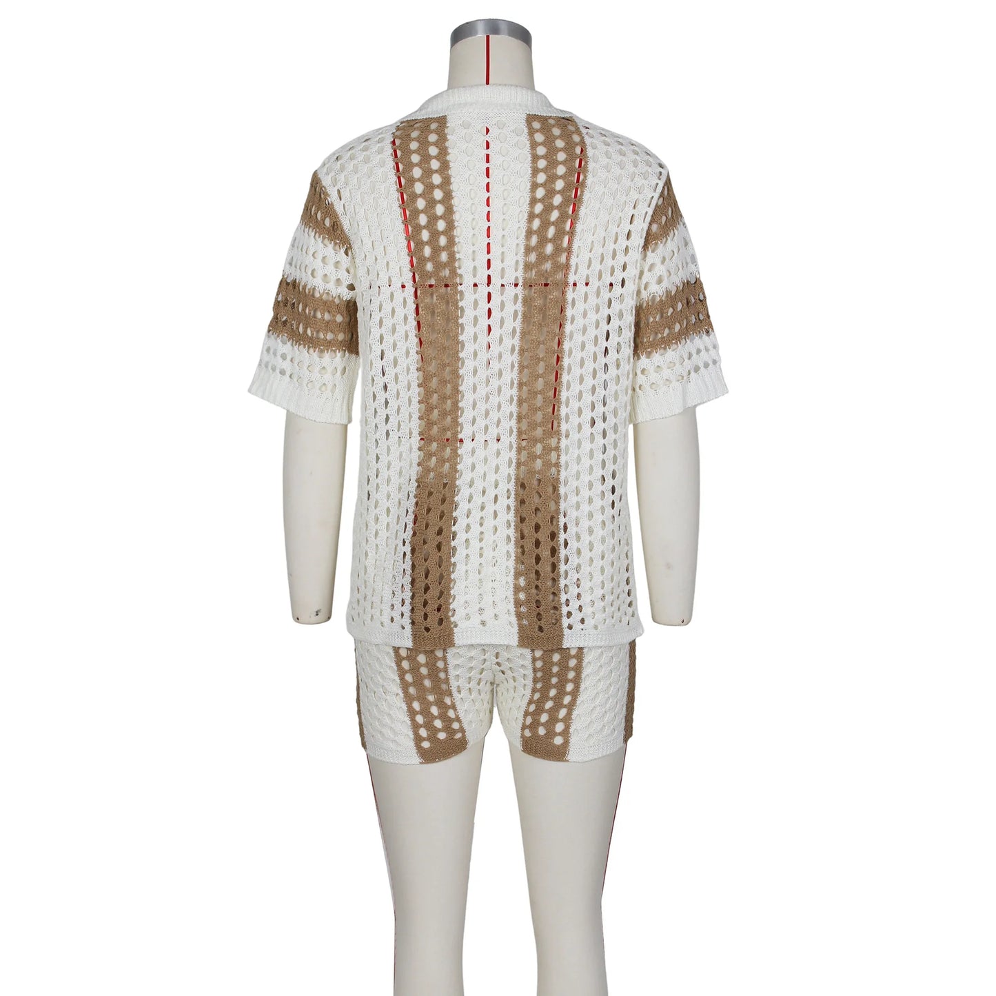 Women's Two Pieces Set Knit Ribbed Crochet Patchwork Outfits Short Sleeve Shirt Sweater Short Suit  Two Set Outfit Tracksuit
