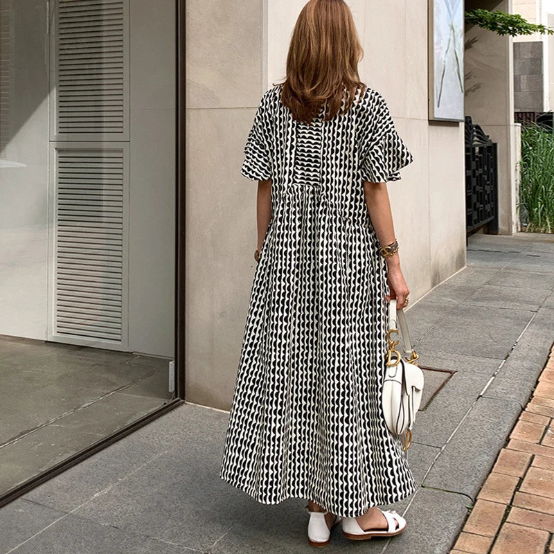 Johnature 2025 New Print Ruffles Sleeve Women Dresses Summer Korean Loose O-neck Simple Female Dress