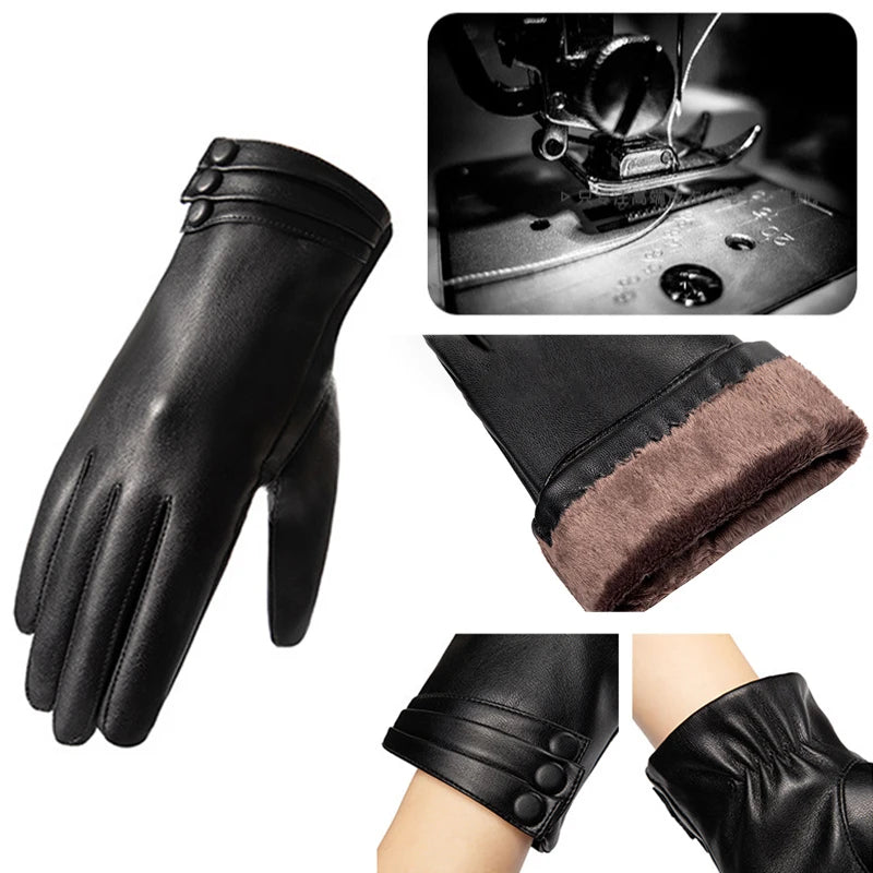 Handschuhe Damen Winter Outdoor Mode Bequeme Warme Handschuhe Plüsch Touchscreen Fahren PU Lederhandschuhe