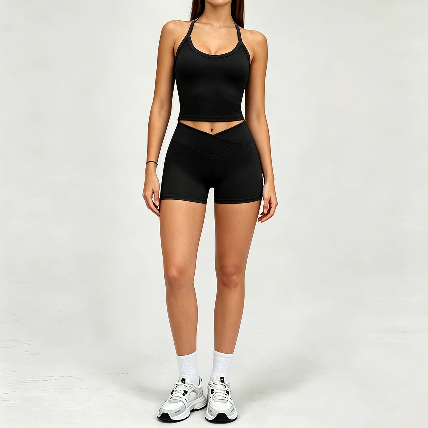 GYM 2 Piece Set Racerback Design+Shorts Women Sports Bra with Padded Yoga Halterneck Top High Waist Pant Summer Running Fitness